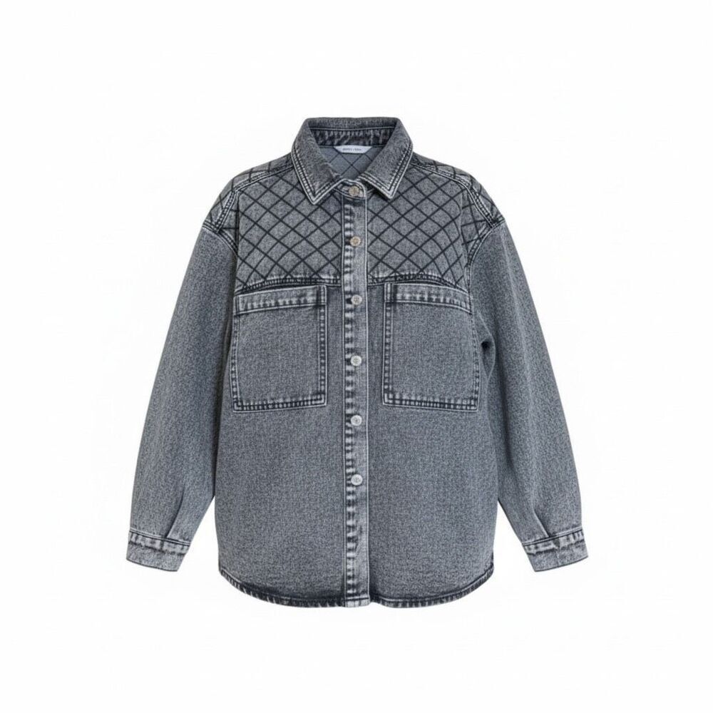 Elan Jolie Quilted Button Front Oversized Denim Jean Jacket Wash Gray Size Small
